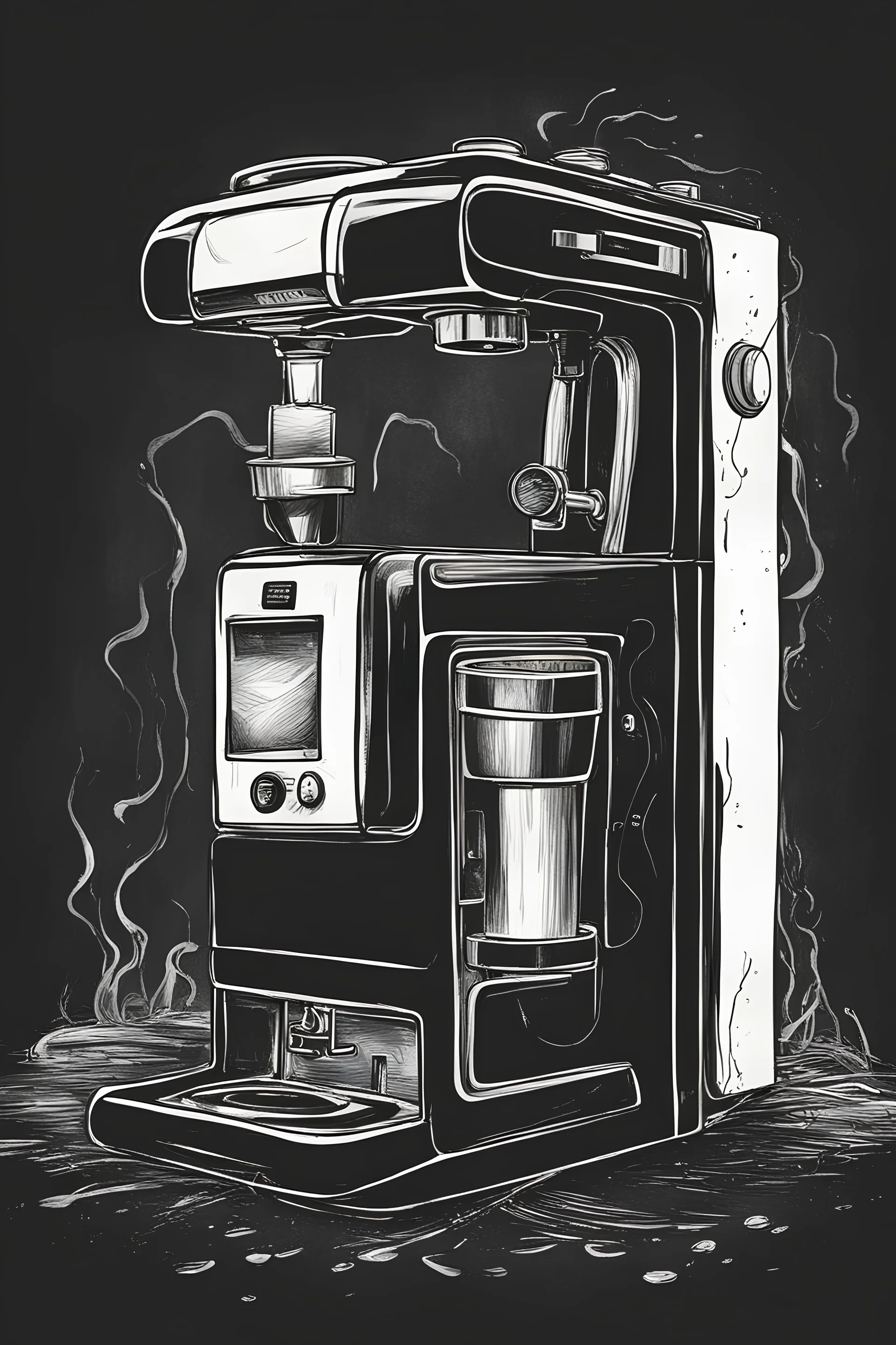 draw a big rickety black and white coffee machine dark depressed background