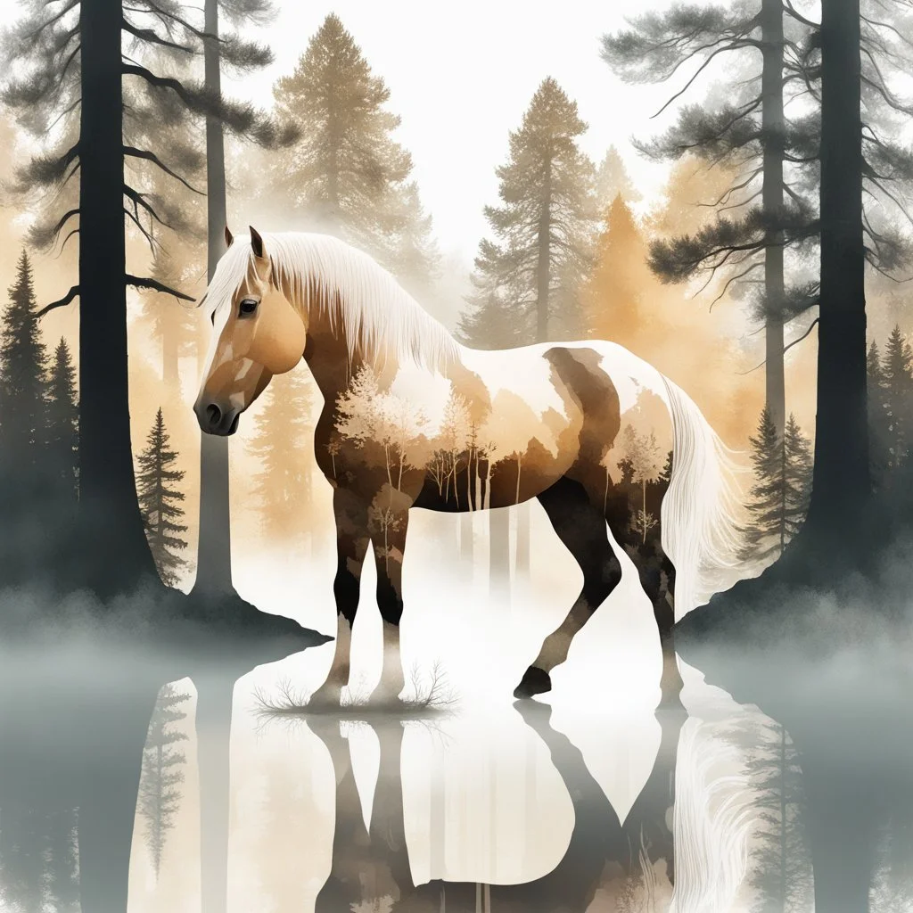 Artistic double exposure digital illustration featuring a Palomino horse with a forest scene inside its silhouette. The horse stands against a clean white background, with detailed trees, a river, and other forest elements visible within its form. no brush marks, realistic maximalist oil painting style, ultra quality