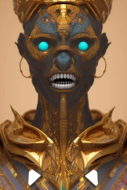 black male African Egyptian alien, cracks in the voodoo head, wicked, diamond eyes, crown, blood, 8k, finely detailed, photo realistic, leopard robe turquoise skull head gold dragon space alien rain skeleton gold teeth silver crown silver space suit spaceships