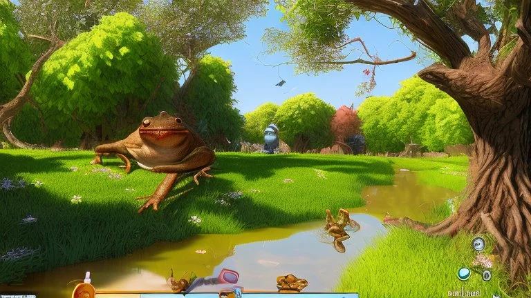 screenshot of an android game with a brown frog with black stripes in this scenario, idyllic setting, arcade video game digital art