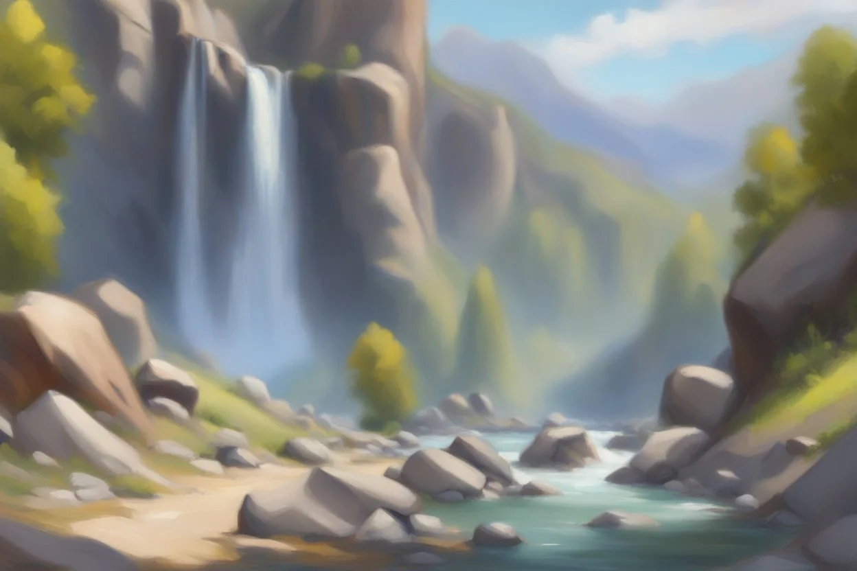 sunny day, rocks, waterfall, mountains, videogame influence of need for speed, anna boch impressionism paintings