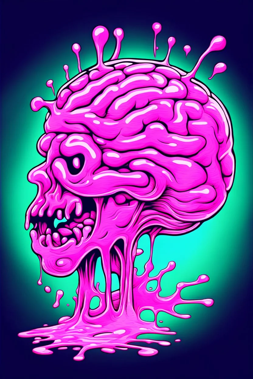 Vintage illustration of a slimey pink brain melting, cartoonist animation style, hand drawn, neon lighting, gross art, pop punk, 90s anime inspired, airbrushing, post modern, horror cut, gradient chrome abberations, retro weird drawings, alien brain matter, blood spatter , scifi punk