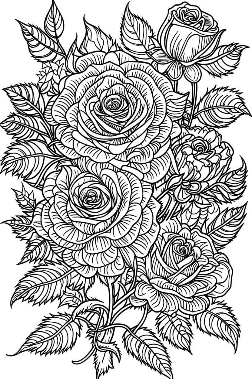 Outline art for coloring page, STYLISH ROSES, coloring page, white background, Sketch style, only use outline, clean line art, white background, no shadows, no shading, no color, clear