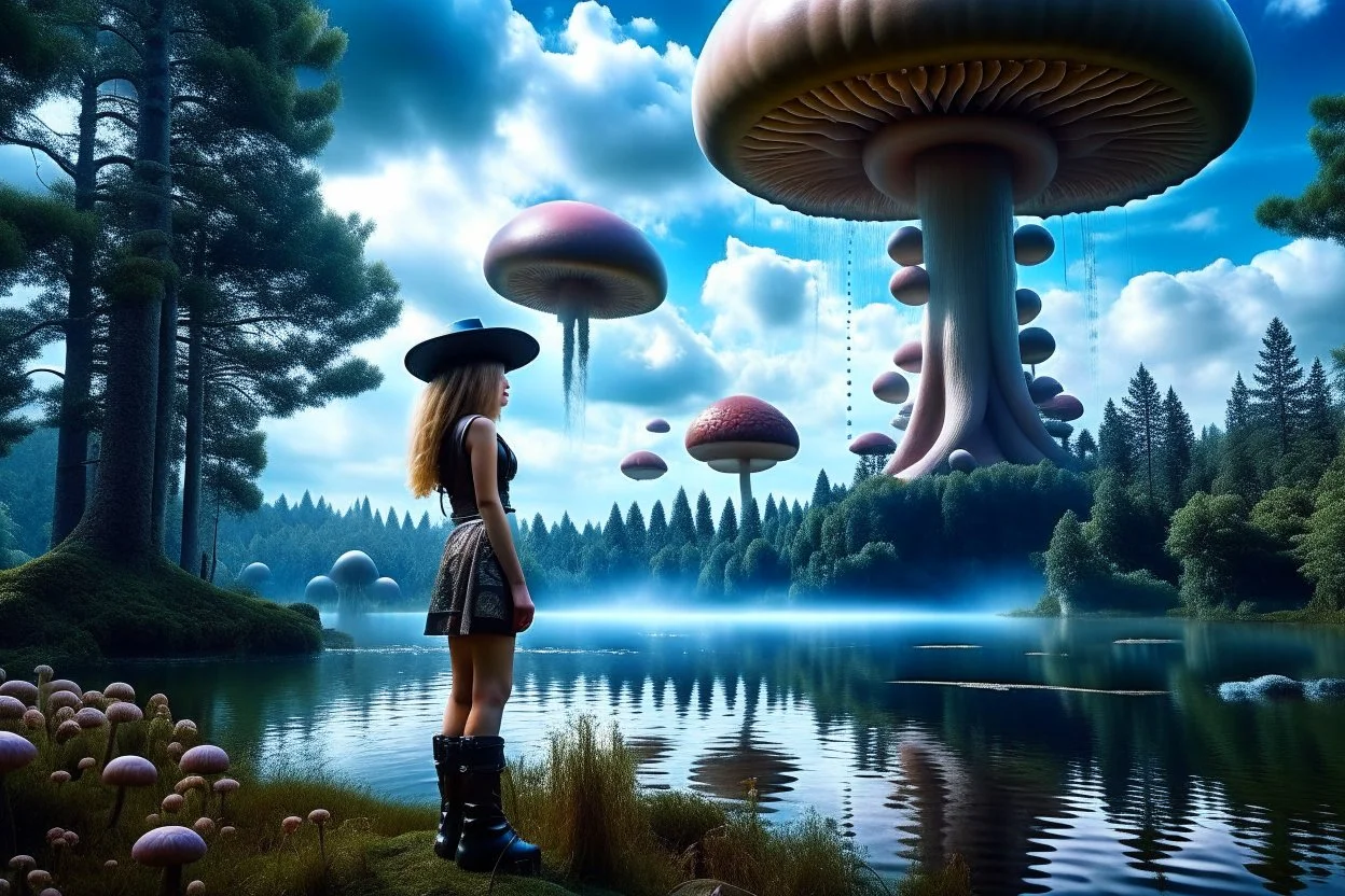 A skinny woman with a Cleopatra hairstyle, short skirt, and knee-high boots, looking out over a lake, in an alien forest, with tall cloud trees, flying mushrooms with octopus tentacles