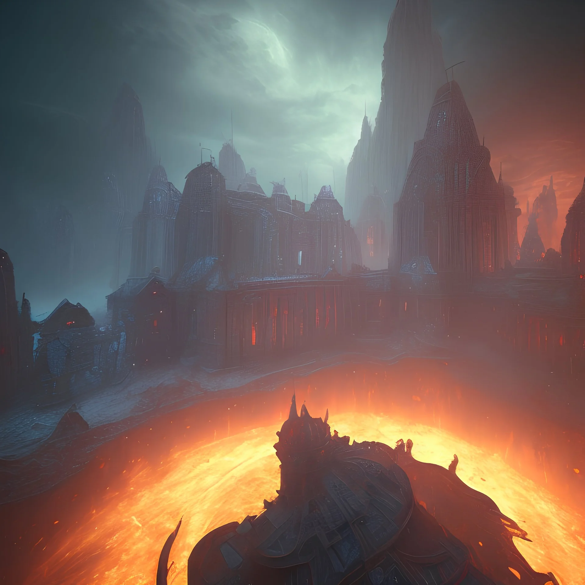 dynamic lighting, Intricately detailed, deep color, Unreal Engine, volumetric lighting, Hell landscape, Hell concept art, Hell fantasy artwork, nightsky, blue, black, nebulae, fields, abandoned buildings, ruins,