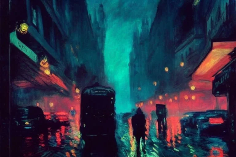 cars, city, steet, city lights, people, mist, edouard manet and claude monet painting