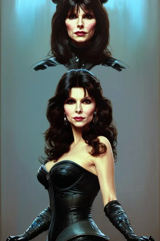 painting of victoria principal as evil queen in black leather, feminie, angry, stern look on her face, volouptous, busty, cleavage, emperious, mature, highly detailed, digital painting, artstation, concept art, smooth, sharp focus, illustration, art by gaston bussiere and alphonse mucha