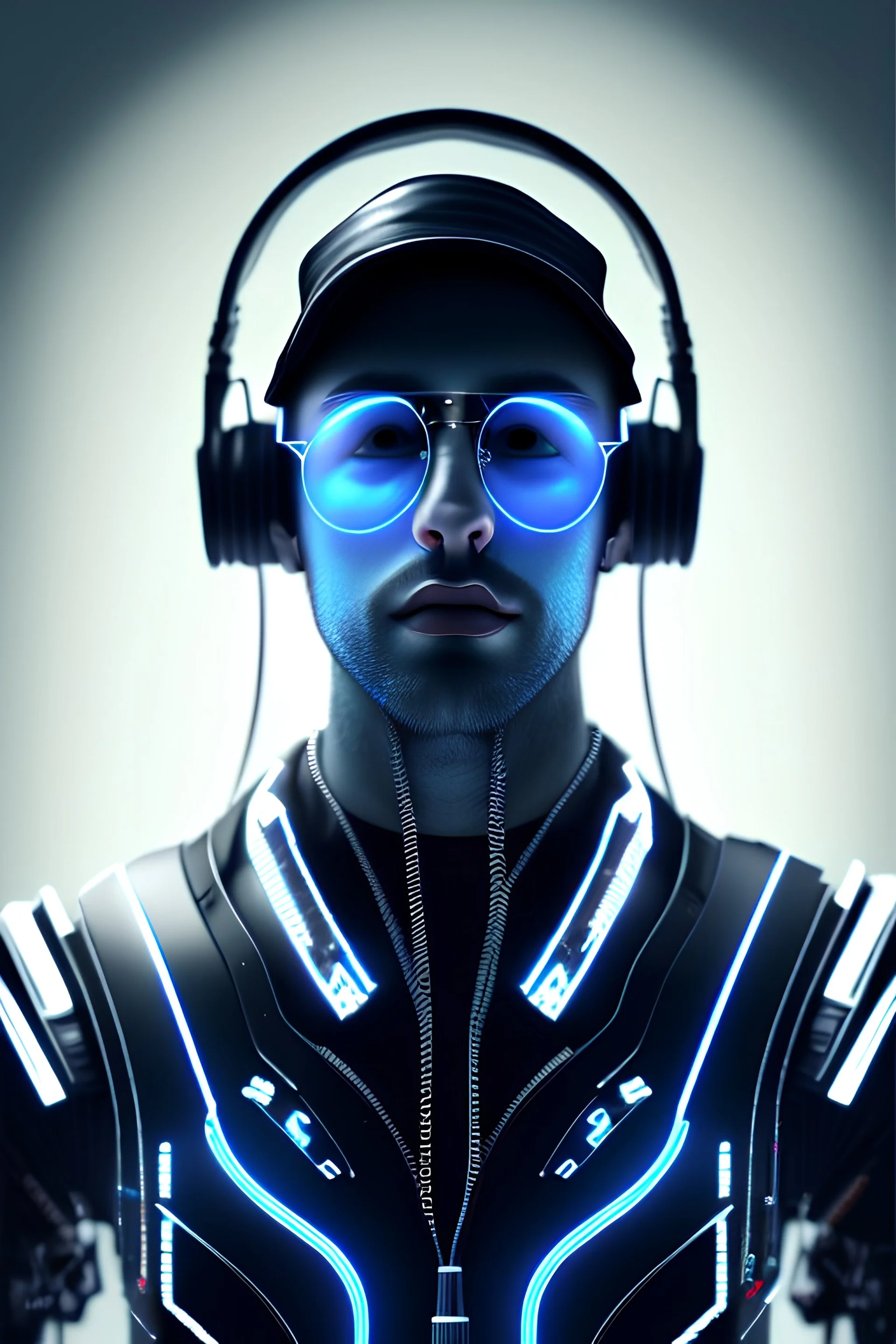 high details, cyberpunk, dj, male, robotic, wearing headphones