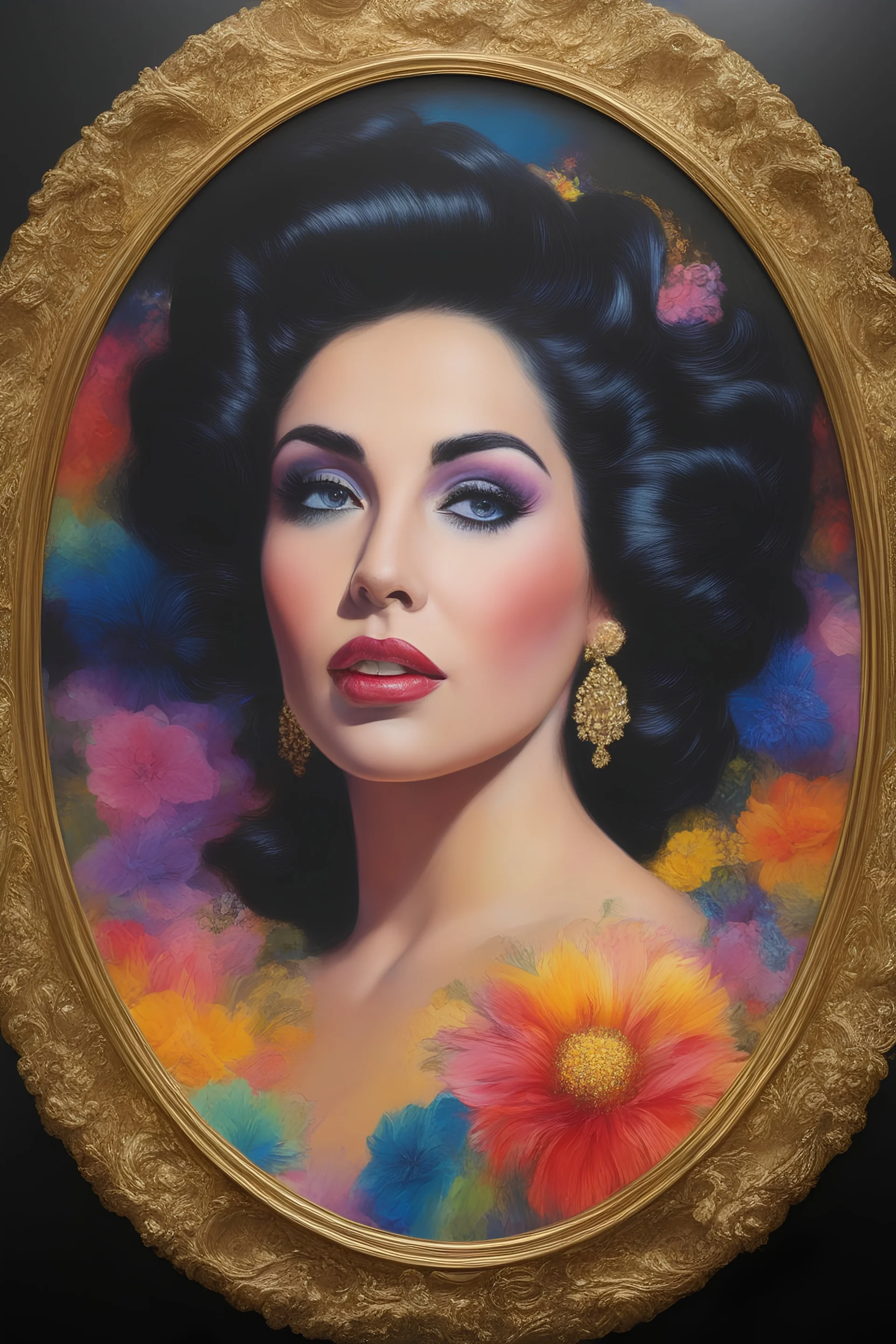 Elizabeth Taylor's face inside a round gold frame, multicolored, large, Floral/rainbow designs, atmospheric, beautiful, bright, vibrant colors, pitch-black background, oil painting by Boris Vallejo, 4k UHD, Photorealistic, professional quality