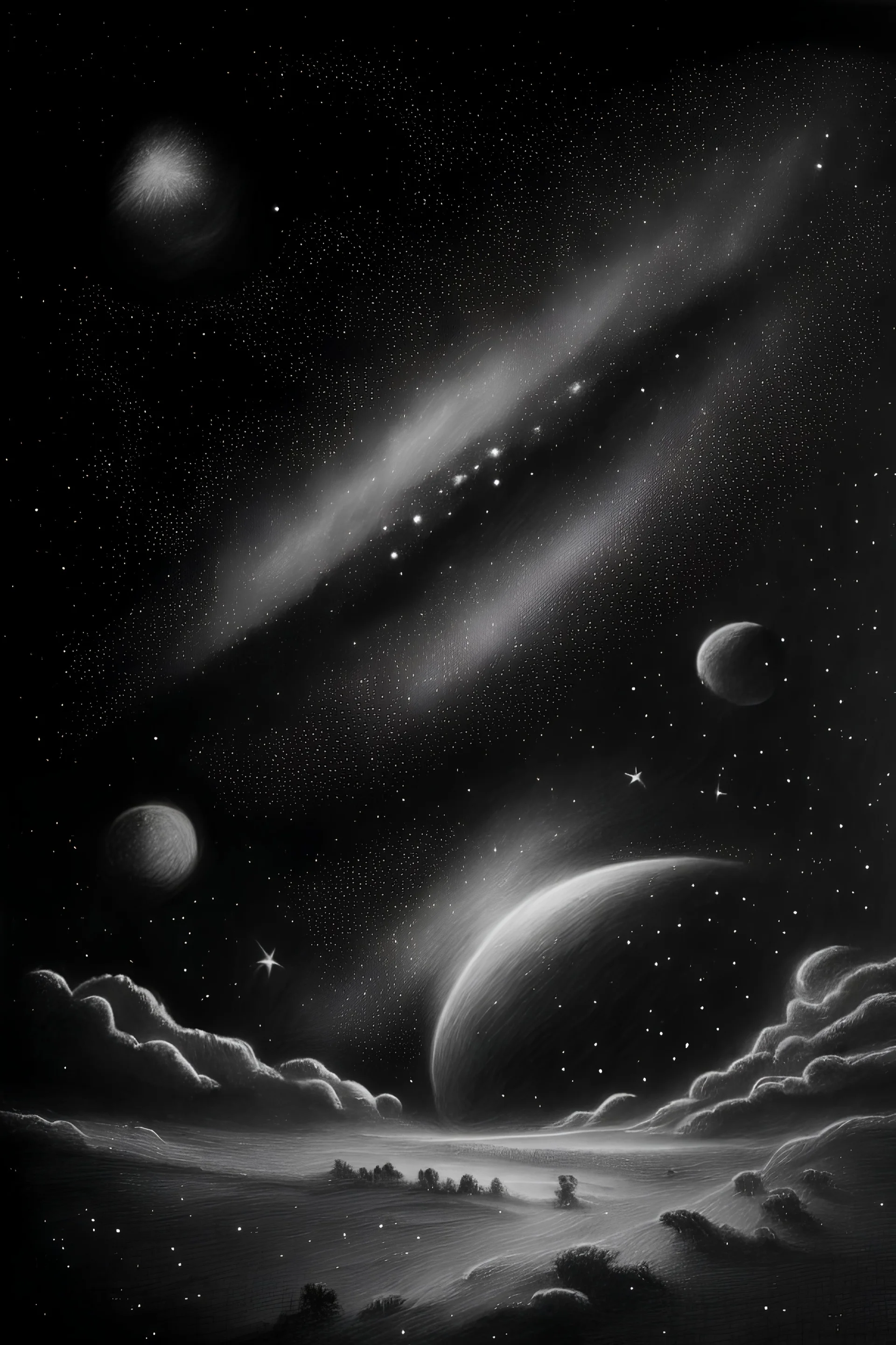 a charcoal drawing of a night sky, stars and planet on the background