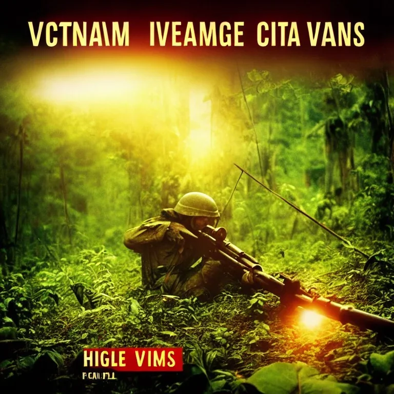 vietnam war. jungle. cd cover. bokeh. lens flare. warm lights. high detailed