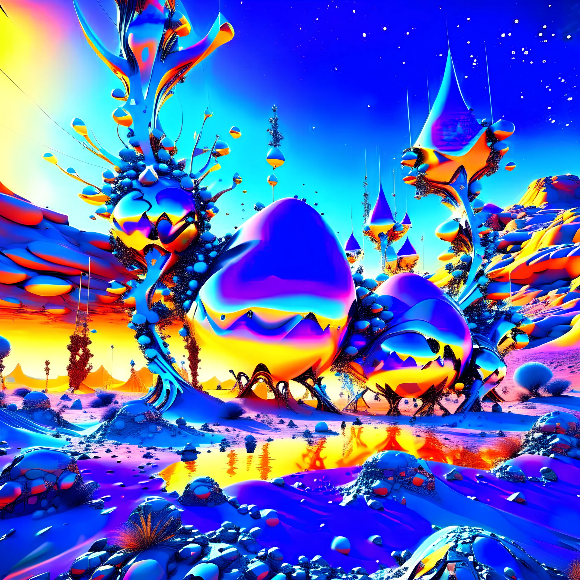 Bright, glittering, 3d, steel-like, surreal objects in a bright environment, desert, night light, high contrast, melting steel, Yves Tanguy style, Salvador Dalí style, 8k, intricate