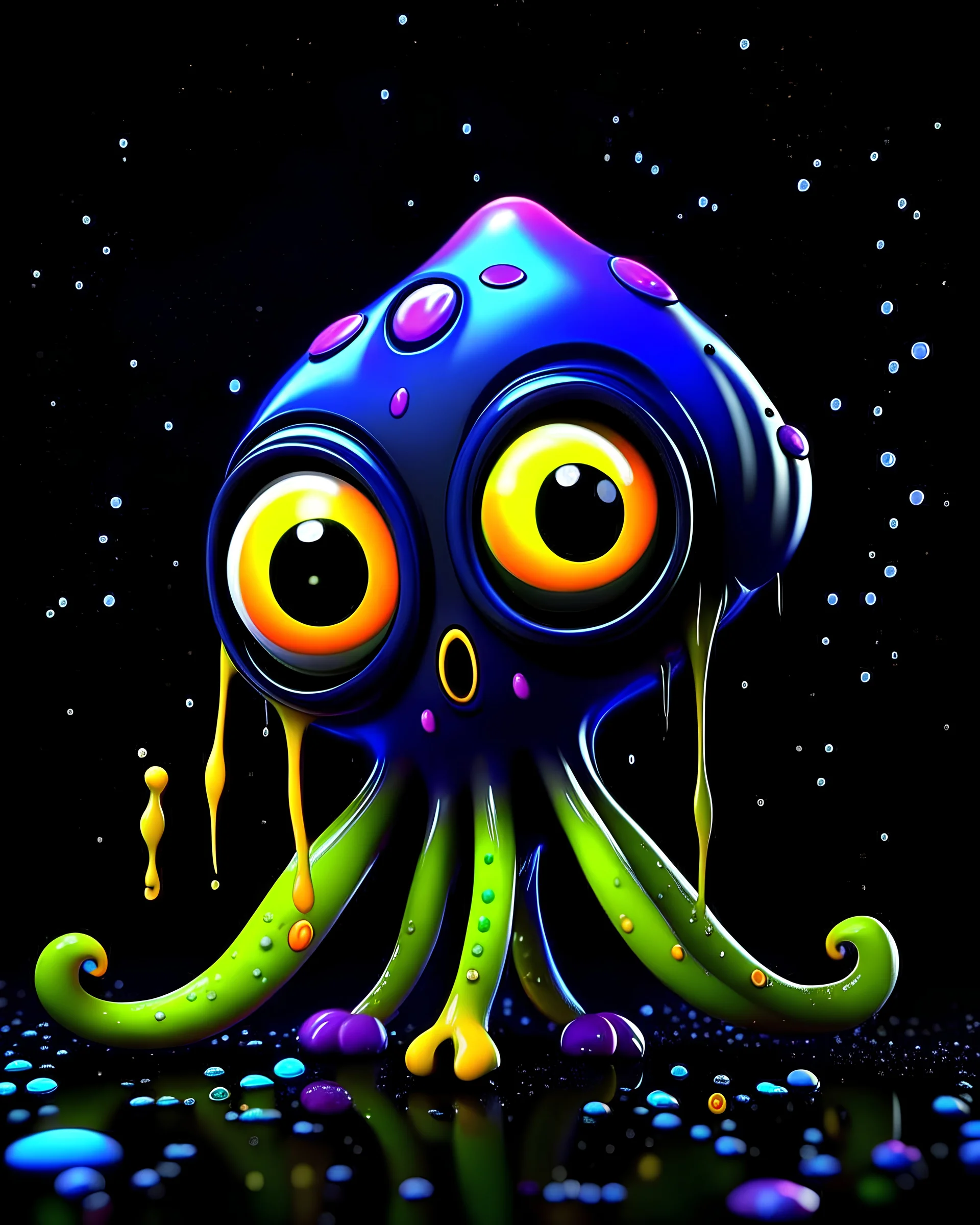 pixar 3d animation style, ((alien animal squid), fluid form, ink drizzle, adorable and cute, photorealistic cg, 3D concept art, bright, fantastical black colour background, playful, soft smooth lighting, white cartoon eyes, highly detailed, stylised and expressive, sharp, wildly imaginative, skottie young, bold, colourful, neon graffiti, dark pop surrealism, rainbow coloured sprinkles, rainbow coloured pop candy, chocolate toppings, smooth texture, cgsociety, Maya render