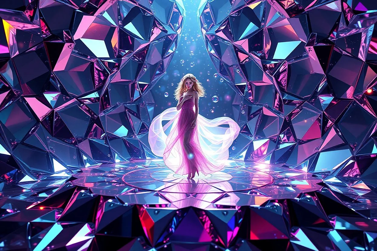 very complex structure ,pretty viberating color environment 3d metalic and crystal recursive animating beveled geometric base very complex structure emiting mirror bubbles that broke, goddess of love in a pretty cleric dress comes out dancing gracefully , viberating color moving very in modern city escape environment while camera tracking it.
