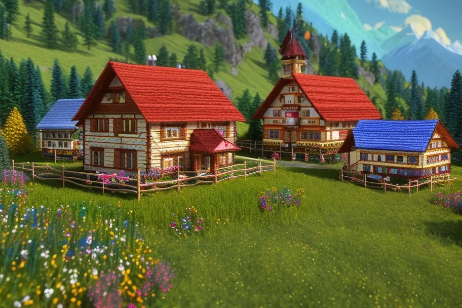 Hand sewn and embroidered extremely cute Austrian mountain village, threads, sewing needles on a table on lace blanket in a luxury bedroom, centre, bold colours elegant fantasy 8k beautiful dynamic lighting award winning imperial colors hyperrealistic ultra detailed 4K 3D high definition crisp quality colourful hdr in sunshine