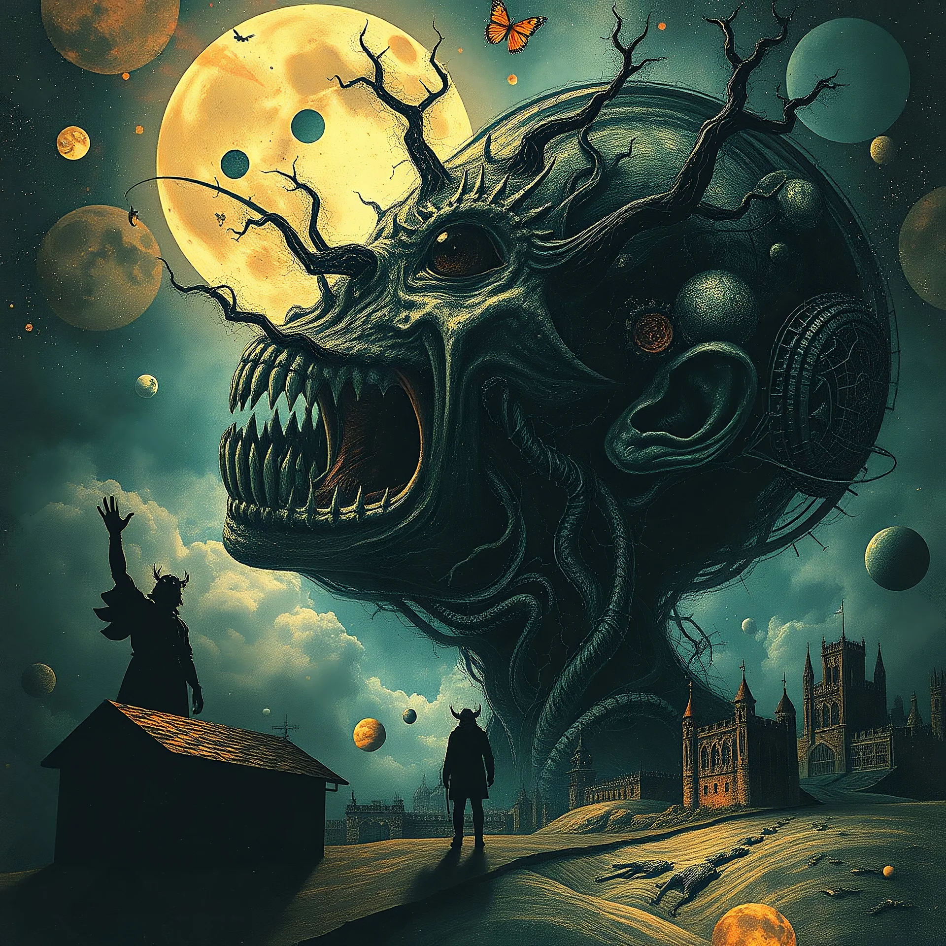 they can't hear you scream in space, by Bosch nightmare style.Dave McKean, inspired by the nightmare paintings of dali by Wassily Kandinsky, double exposure, gnostic tragedy, sinister