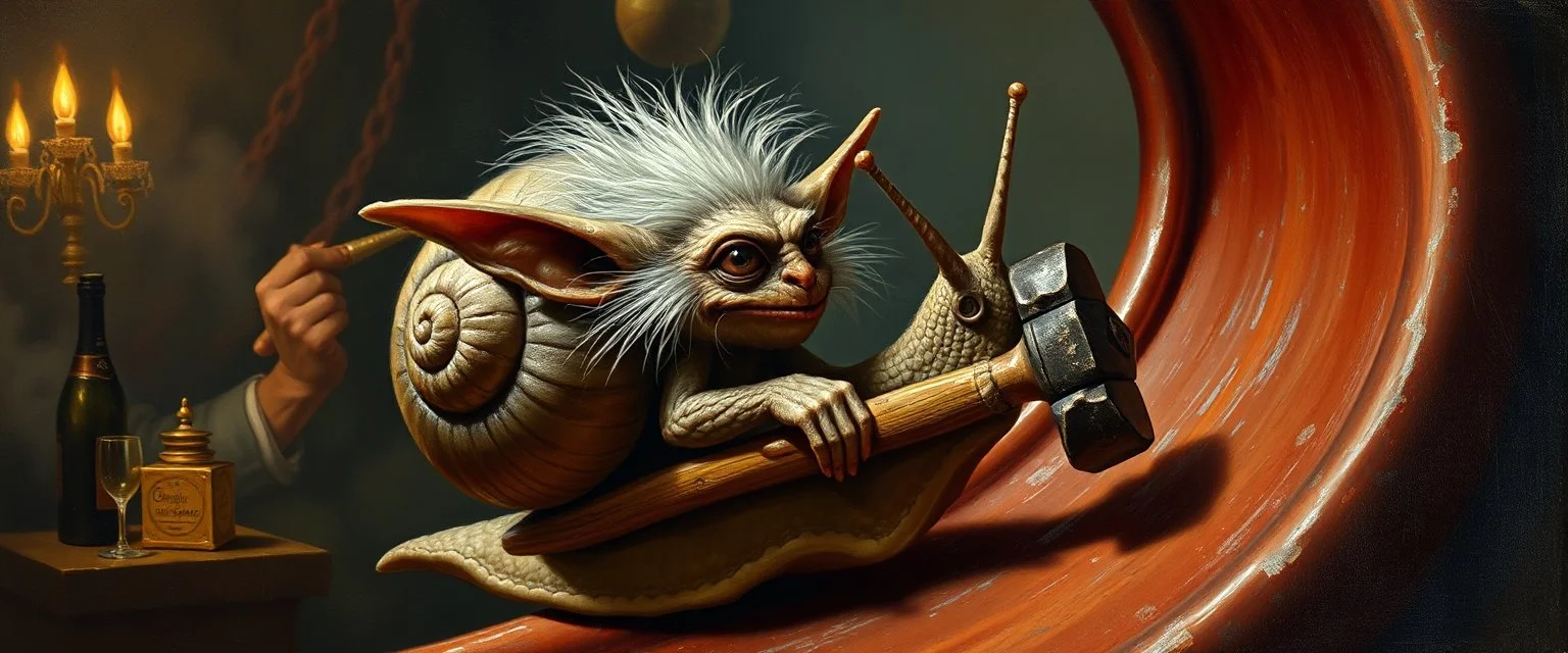 hårete gremlin snegle på fest med stor slegge aker ned sklie malt av Rembrandt