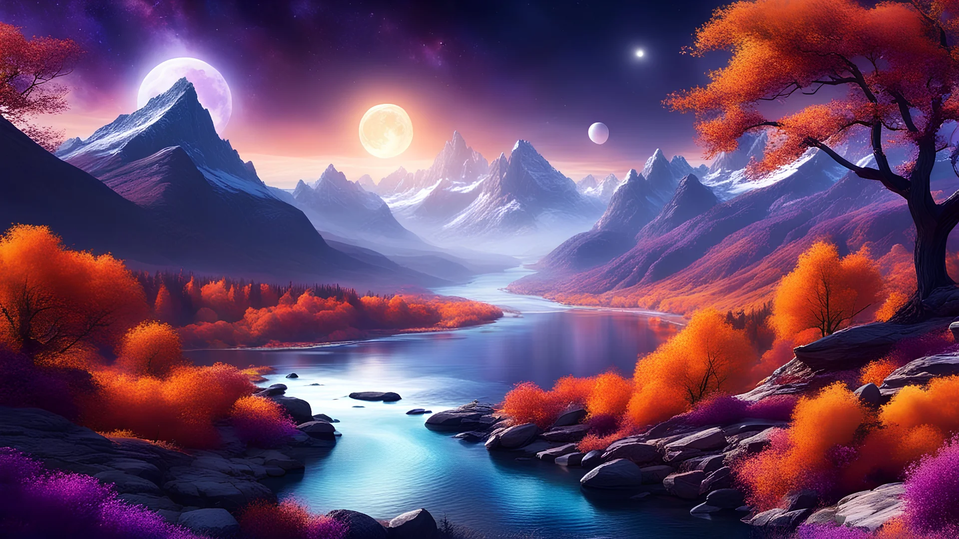 A picture of a fall landscape with trees, mountains, and a river, except the trees have purple leaves, the mountains are blue, and the river is orange, on a planet with two moons and a ring system, alien and surreal digital art