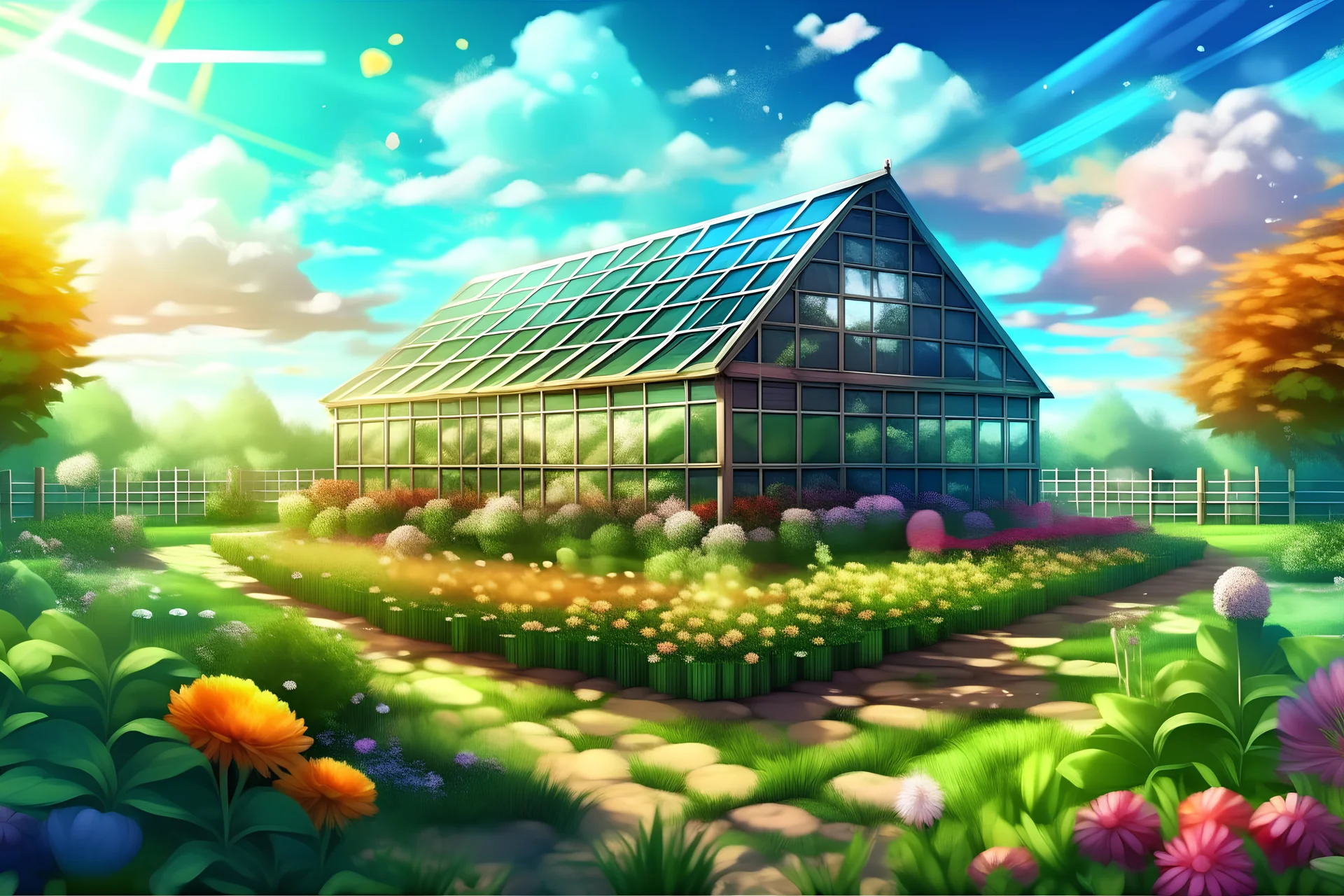 Vector. Illustration. realistic, Digital painting. small english greenhouse in vegetable garden, raised vegetable beds, many flowers, single typical thin rainbow in sky, white clouds, blue sky