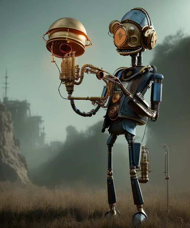 happy mechanoid person playing jazz with a steampunk theme, realistic