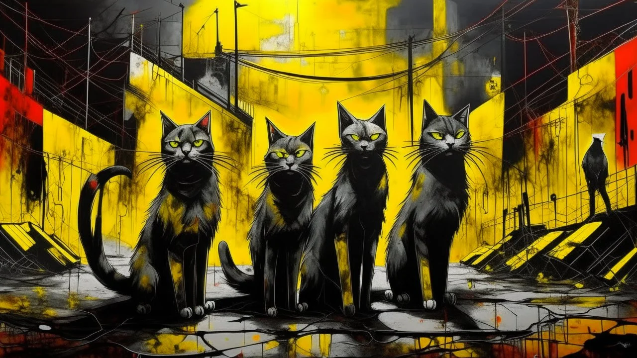 (((three))) huge lean long cats with yellow eyes ((stretching)) and posing in the middle of a radioactive ruined city street, acrylic painting, minimal art, centered, wild sparse brushstrokes, amazing verticals, great parallels, low bleak colors of deep red, yellow and black, excellent negative space contrasts