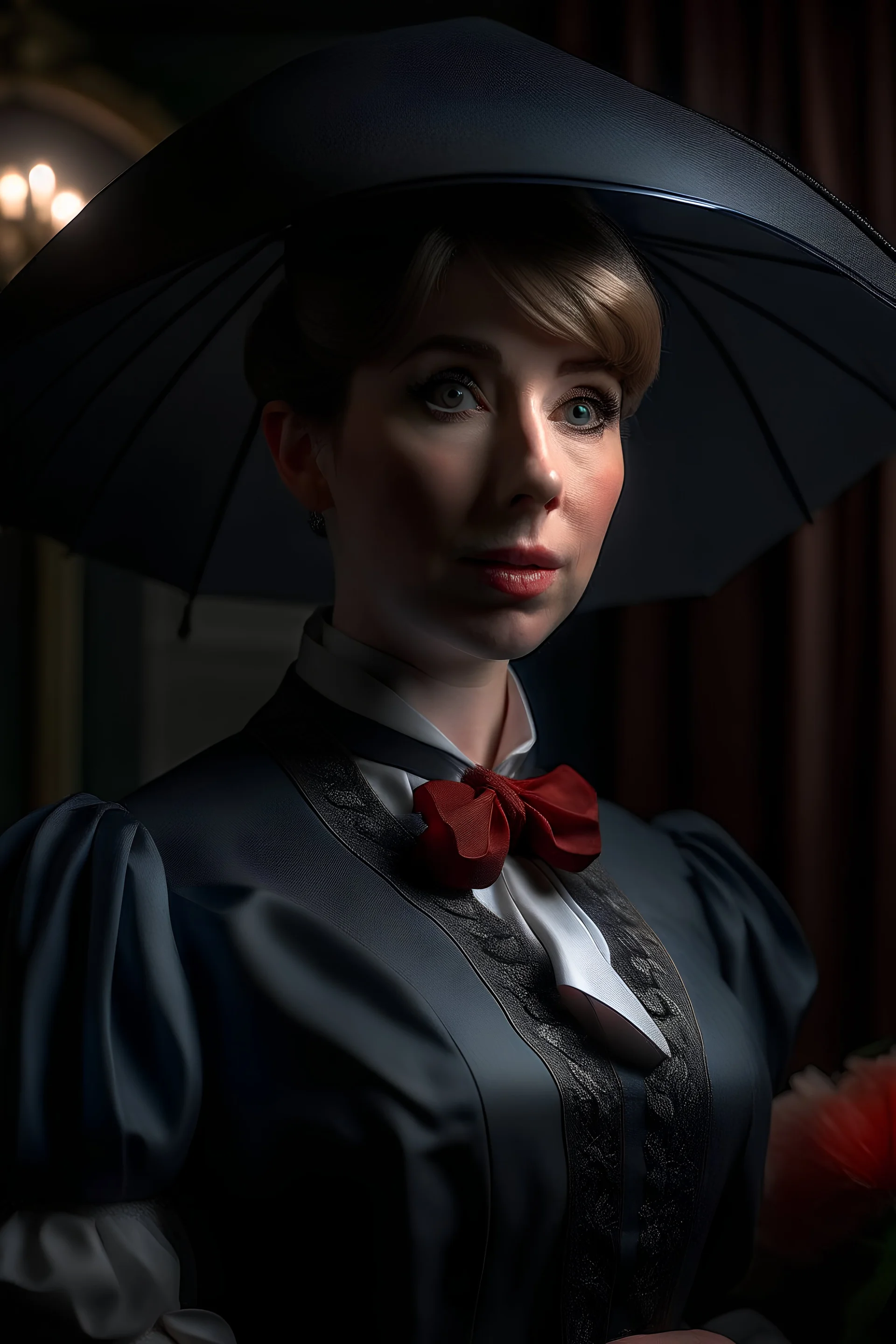 In Ultra Realistic 32k UHDR Photography Description: - Mary Poppins . - silk and satin lingerie - -