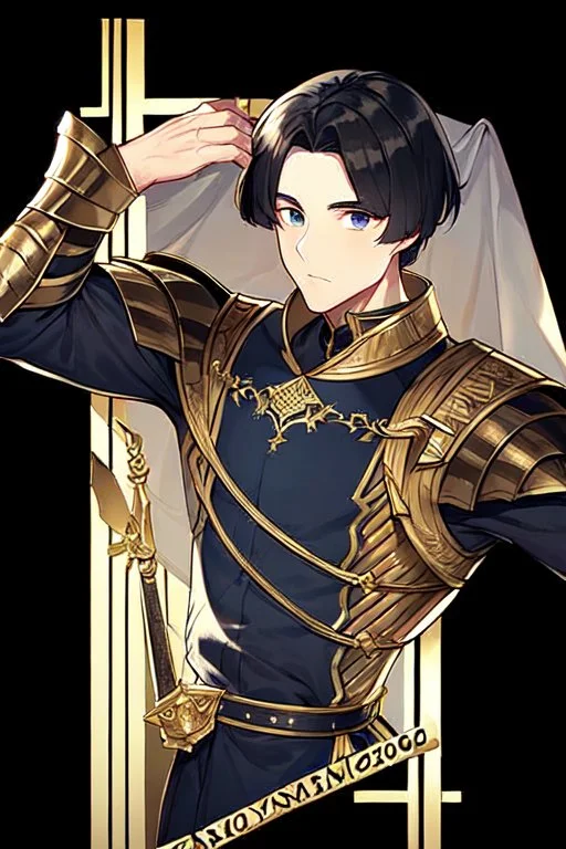 A handsome 30 year old knight, black hair, dark blue eyes, male bob haircut, in black-and-gold plate armor, no beard, european, portrait