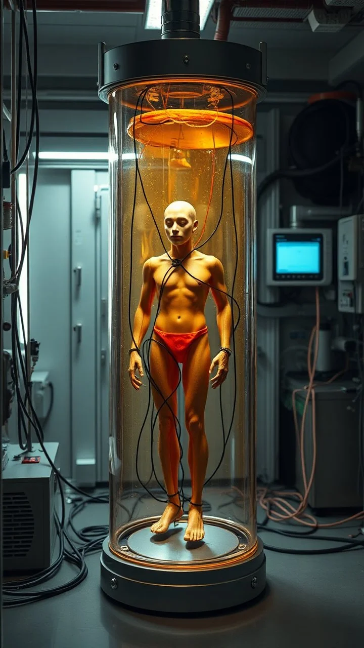 Sleeper in tube cabinet made of glass filled to the top with honey coloured liquid , in a laboratory inside it a human creature body standing vertically , connected with wires and electrical wires , the human standing in side, a high tech equipment in the background ,4K, cinematic, high resolution