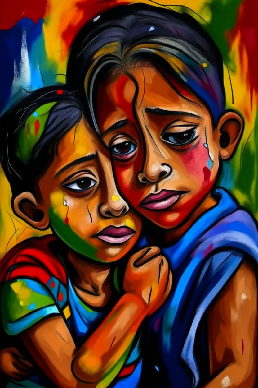 a girl hug her brother and both crying sadly, expressionism, Pixar style, in abstract art Basquiat, Picasso, Miro, Kandinsky, Klee, Birell, Fairey, Ardon, Buffet aand Picasso style, HD --s 750 --v 5.1 --style raw, water color
