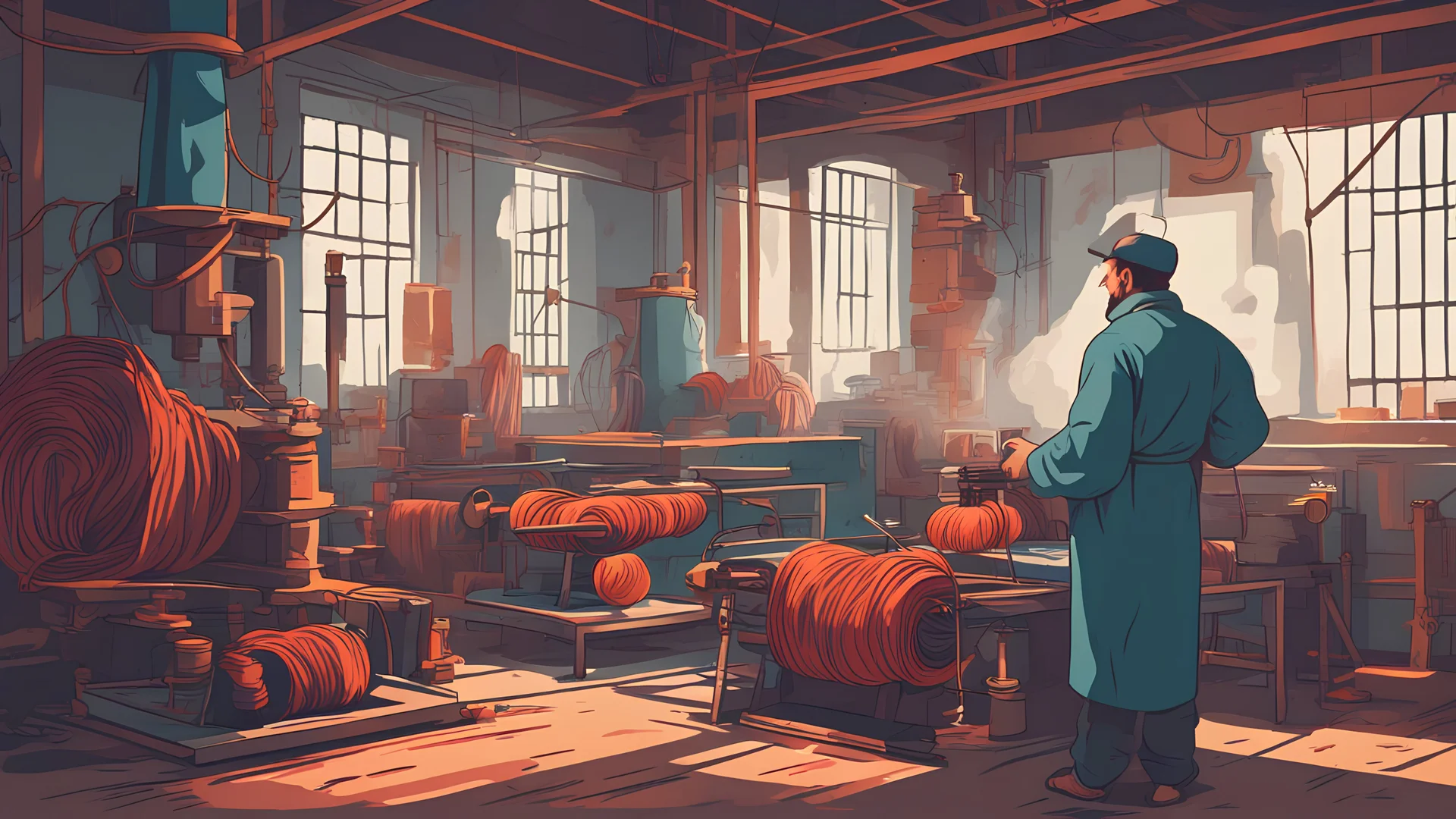 Vector. Spinning factory worker. 2D animated. Yarn and fabric. 1900 AD. Istanbul. Digital painting, inside. Old Spinning and weaving factory. Minimal.