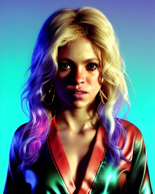 portrait, Shakira, blonde artist, angry, Realistic image, MMA robe, hoodie, mouthguard, nose, band aid, loose long hair, eyes make up, perfect, glow, circle iris. Rain, fog, Neon colors, leds. Dark background, photo studio, neon lights. concept art, smooth, unreal engine 5, god lights, ray tracing, RTX, lumen lighting, ultra detail, volumetric lighting, 3d, finely drawn, high definition, 4k.