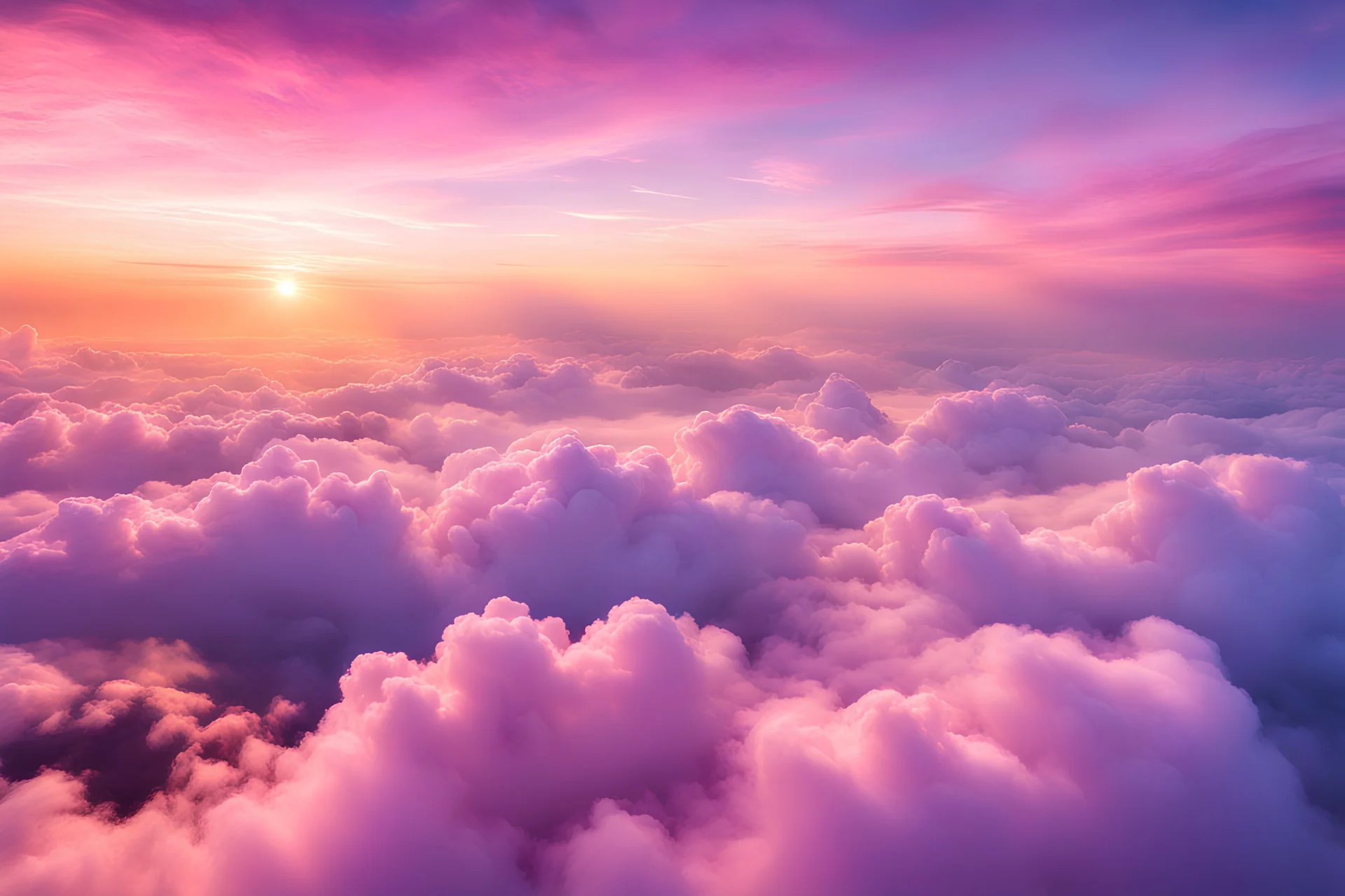 In the clouds. Clouds are a mix of pinks, purples and peach colours from the sunset. It feels like you're flying in a dream. There a sparkles scattered throughout. It feels airy and light. Chromatic aberration effect.