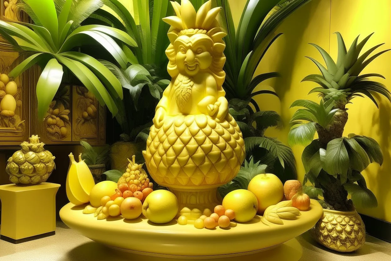 A light golden yellow oasis with fruit designed in Hawaiian tiki statues painted by Karl Wiener