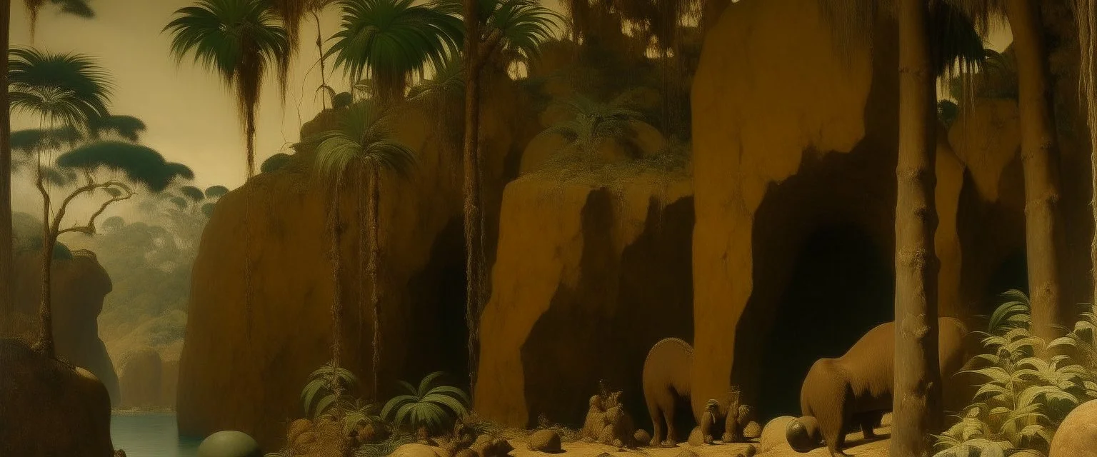 A brownish bronze dry prehistoric jungle designed in Ica stones painted by Birge Harrison