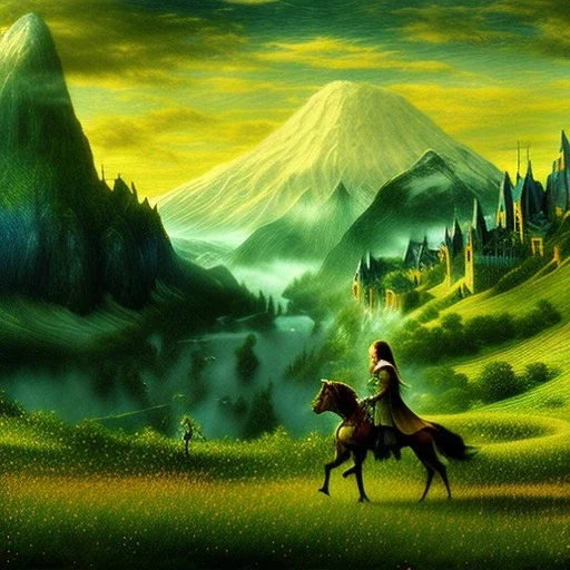 Epic Drawing of scenery with human on horse of The LOTR estilo Van Gogh 4k