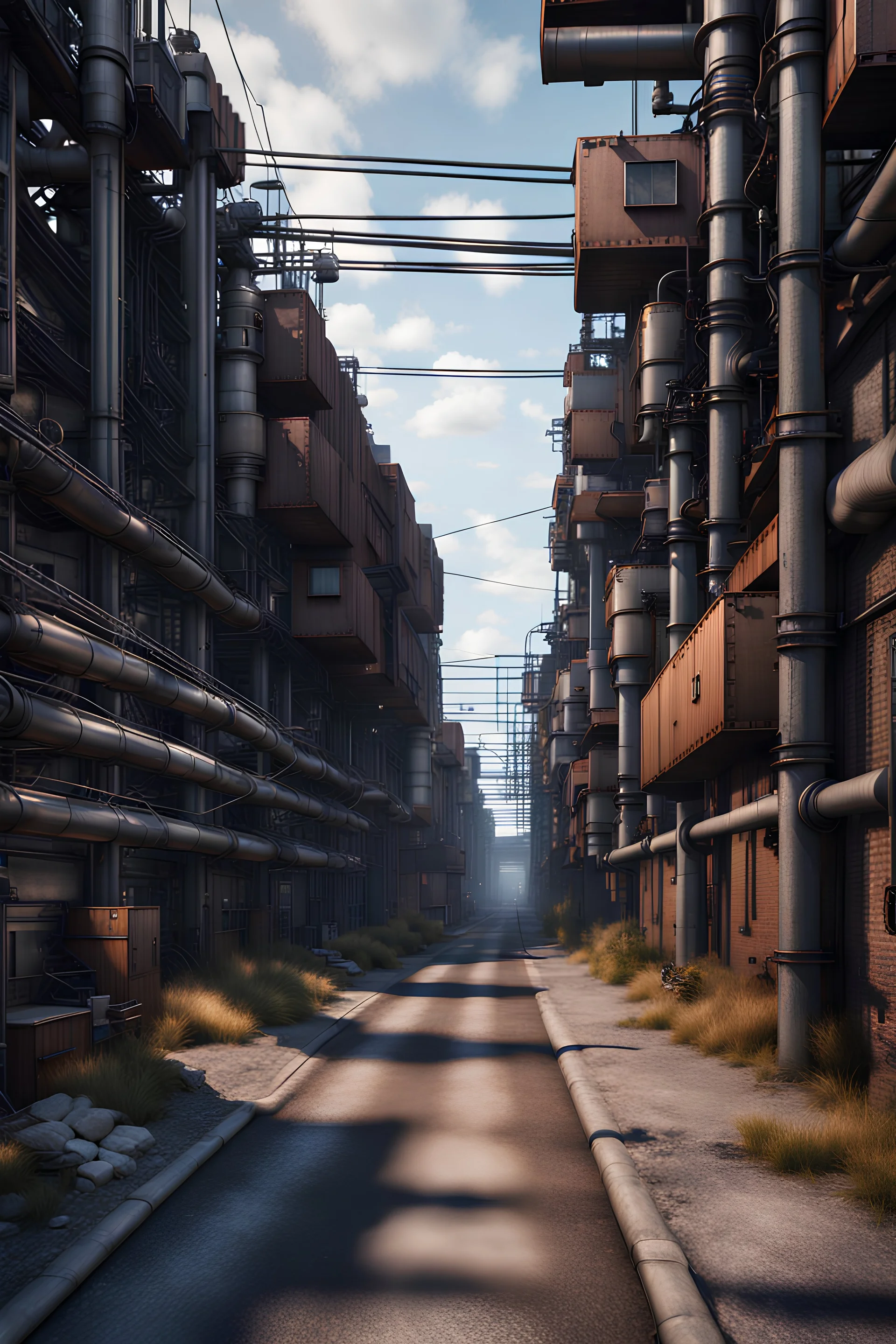 Industrial street, 8K resolution, high quality, ultra graphics, and detailed with lines.