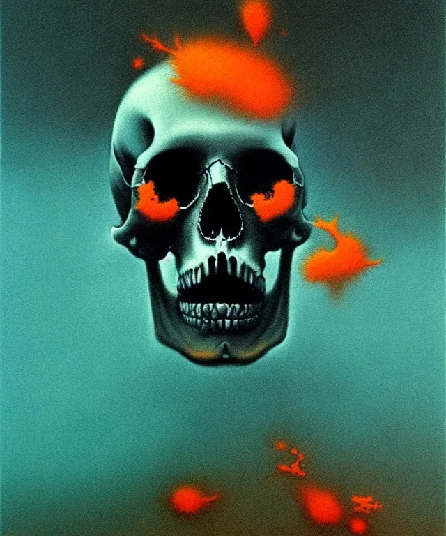 broken realistic skull. black background. smoke and explode. particles in air. teal and orange. abstract. beksinski.