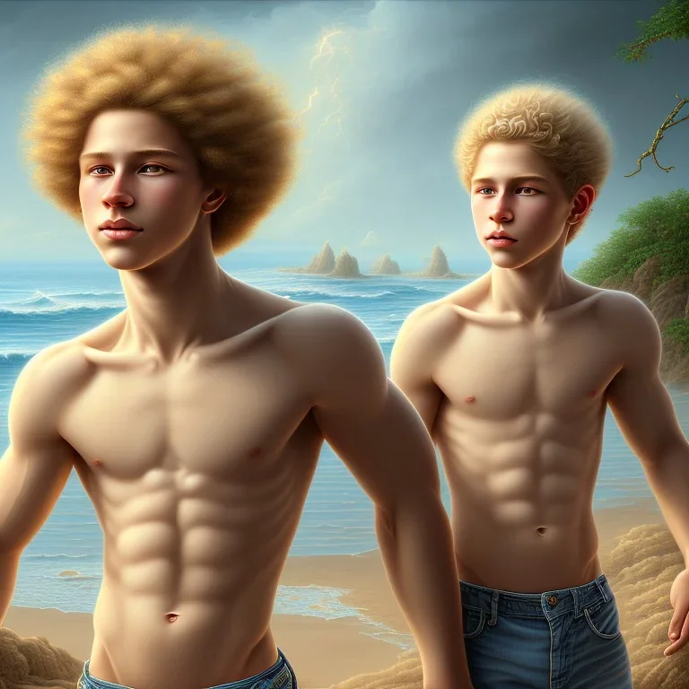 intricate, sharp focus, highly detailed, digital painting, Paul Lewin and Kehinde Wiley, full body image of a beautiful 12 year old boy with long, blonde curly hair and light blue eyes, smiling, shirtless, in front of an distant beach