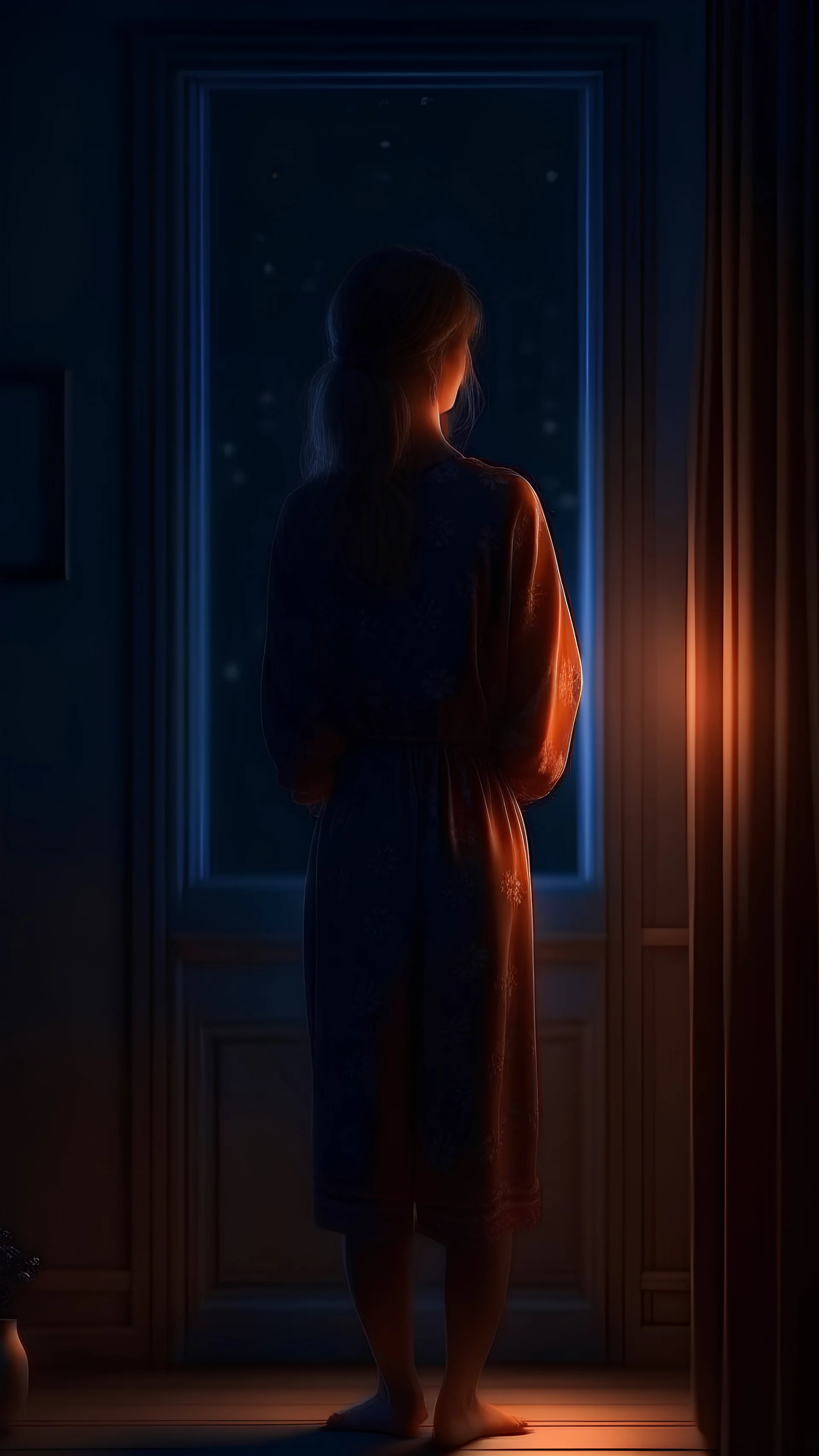 at home, a woman, looks at her outfit from the wardobe, standing up, night, romantic, we see her back, 4k, digital art