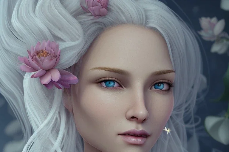 femme long cheveux blond blancs grands yeux bleus , 8k resolution, flower magnolia lotus rose, beautiful portrait, 8k resolution, flower head and body, beautiful star souriante+++