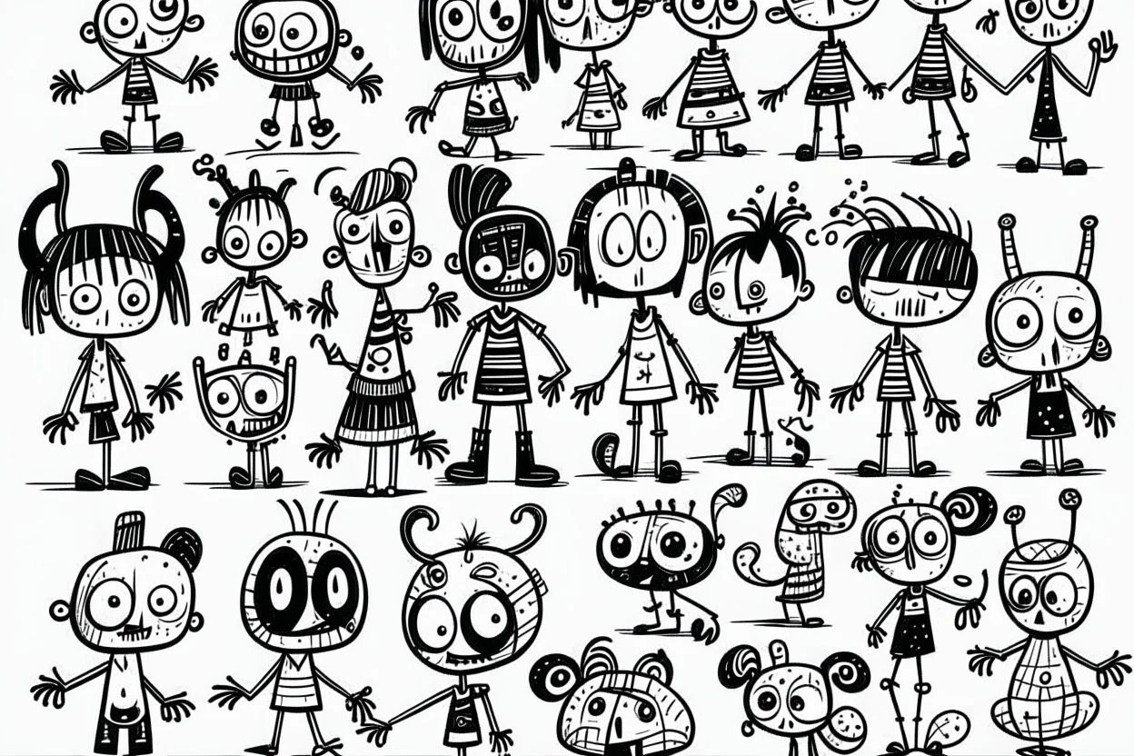 make a bunch of simple hand-drawn spooky and cute cartoon characters with bodies arms, and legs I could draw and make them all different make them looks like the 50s and 60s cartoon art