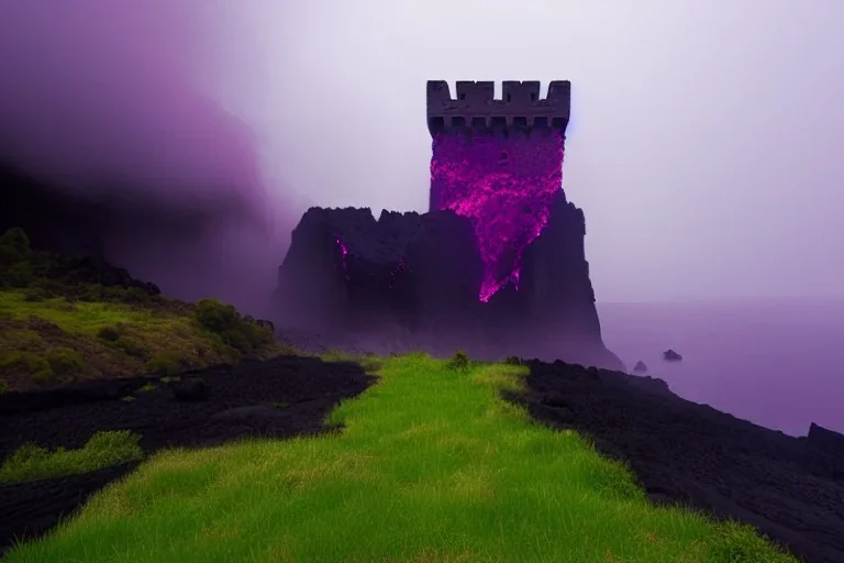 old castle, foggy, lava, drawbridge. surrounded by cliffs, purple