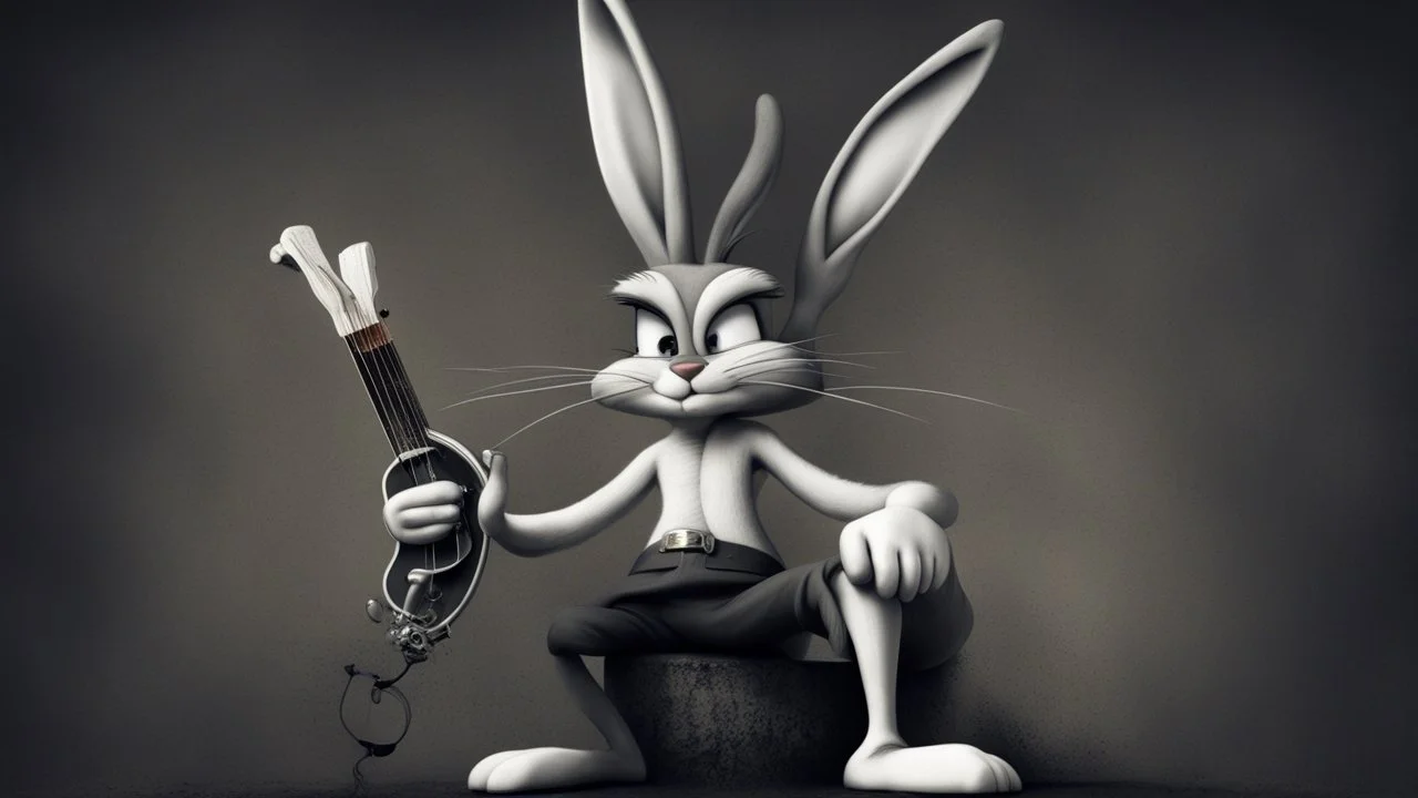 photorealistic deppressed dark melancholic sad Bugs bunny with blackeye deppressed doing music rock and roll dark heavy metal on a scene alcoholic, ciggaretes ciggaretes sad sad sad sad ciggarets