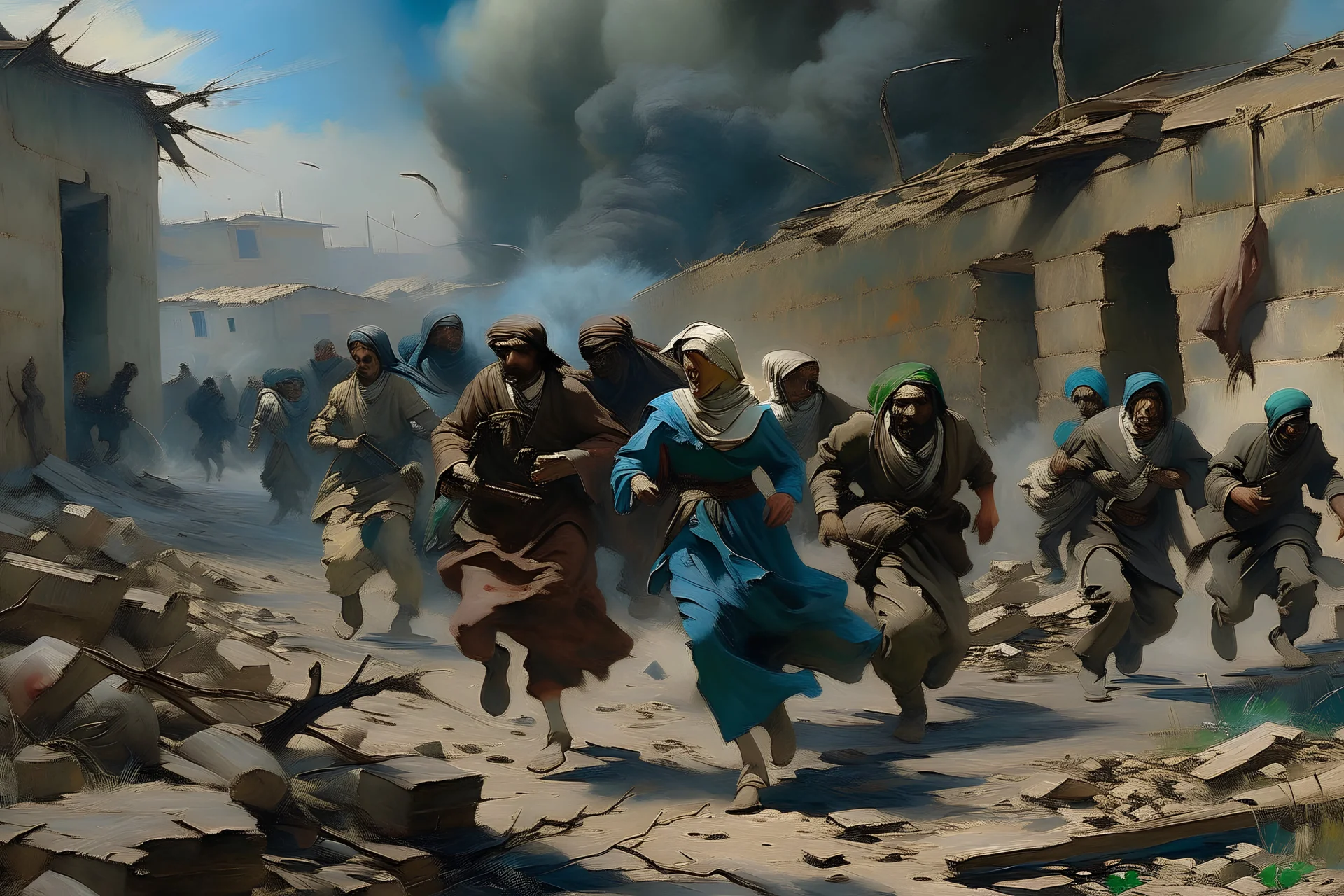 A painting of civilians escaping a warzone.