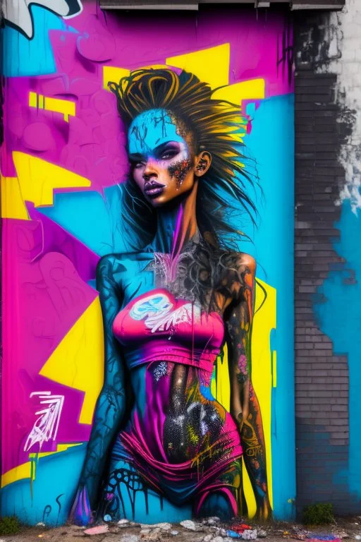 graffiti art on the back side of an abandoned building portraying a female super model posing confidently, 8k, highly detailed, centered, epic composition, graffiti art, splash art, street art, spray paint, oil gouache melting, acrylic, high contrast, colorful polychromatic, ultra detailed, ultra quality, CGSociety