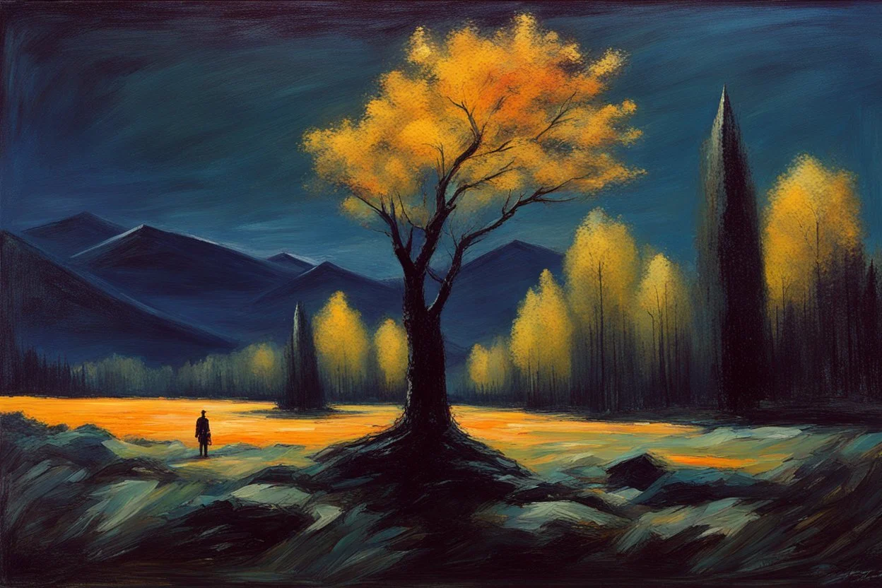 Trees, night, mountains, one person, 2000's sci-fi movies influence, ludwig dettman and willem maris impressionism painting