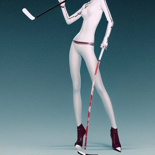 a tall slender woman holding a hockey stick and a fly swatter