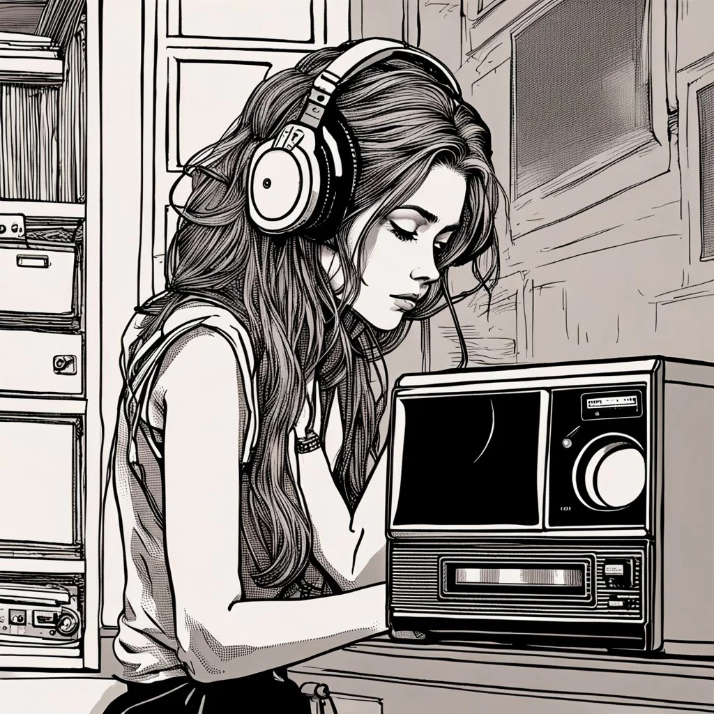 She looks lost in thought, her eyes fixed on a single spot on the wall as she listens intently to the low-quality recording on the tape player in front of her.