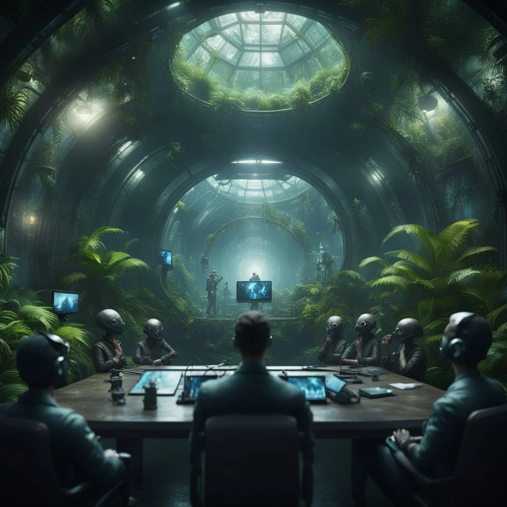 a video conference on video screen with multiple sick aliens held by a scientist in dark lit reflective wet jungle metallic hall dome hotel tunnel, in the style of a fallout 4,bokeh like f/0.8, tilt-shift lens 8k, high detail, smooth render, down-light, unreal engine, prize winning