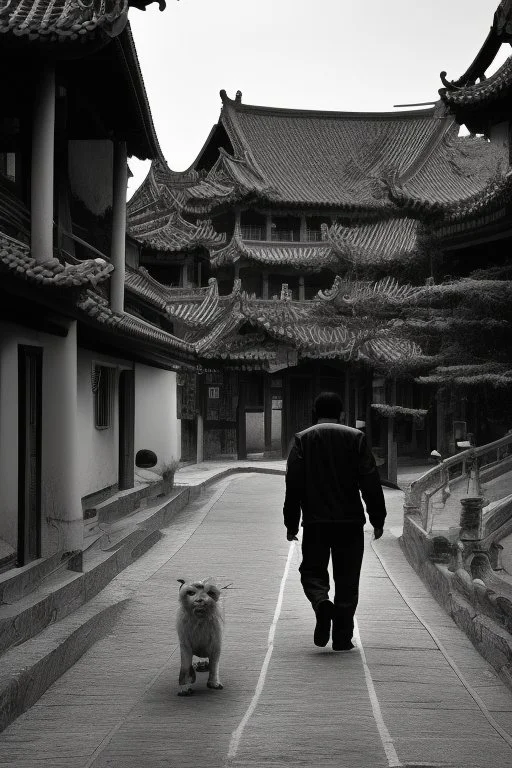 Black & white man walks on road's chinese village with playing light and shadow as ho fan style